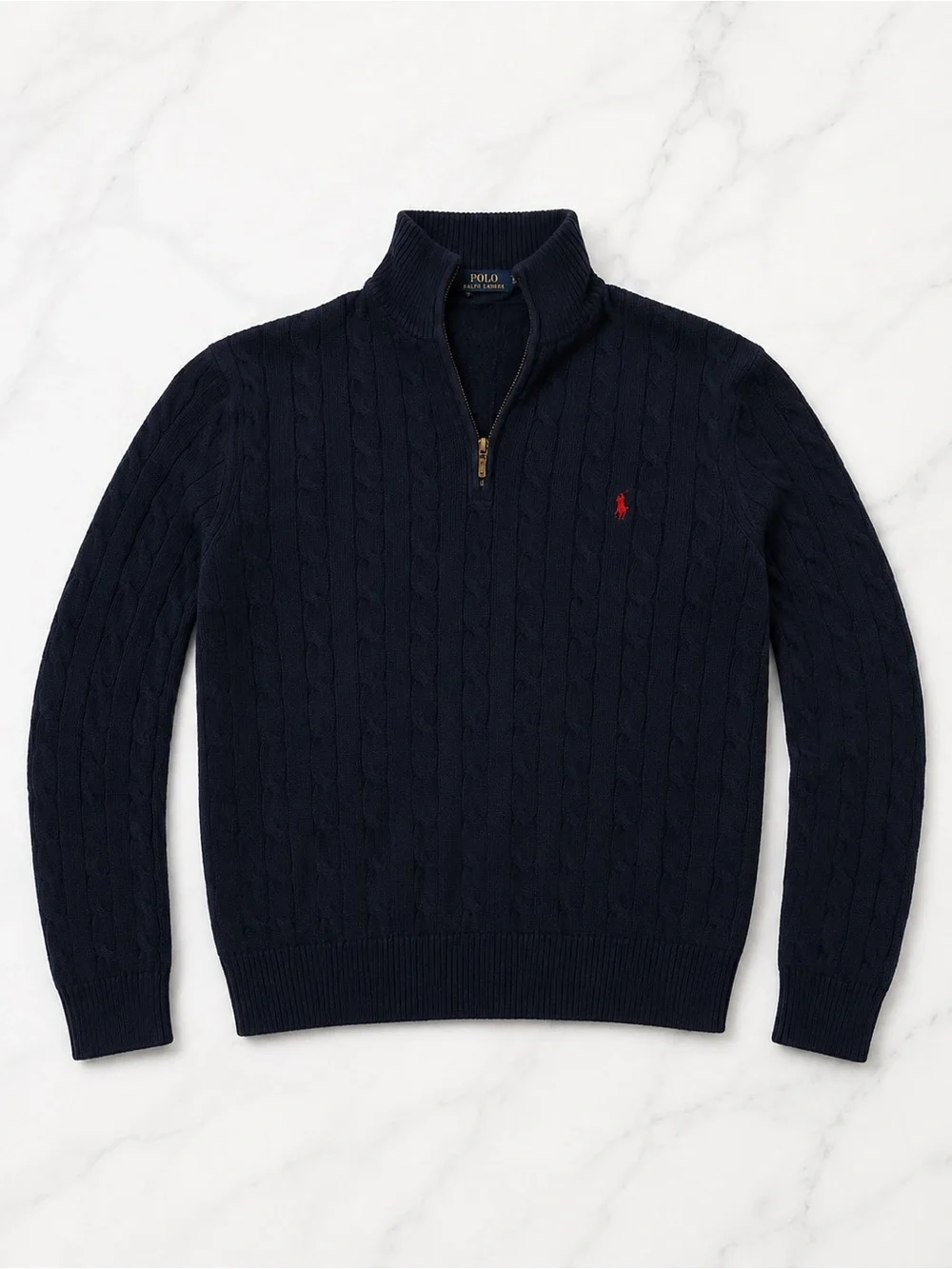 Polo by Ralph Lauren Navy Cable-Knit Quarter-Zip Sweater with Red Pony